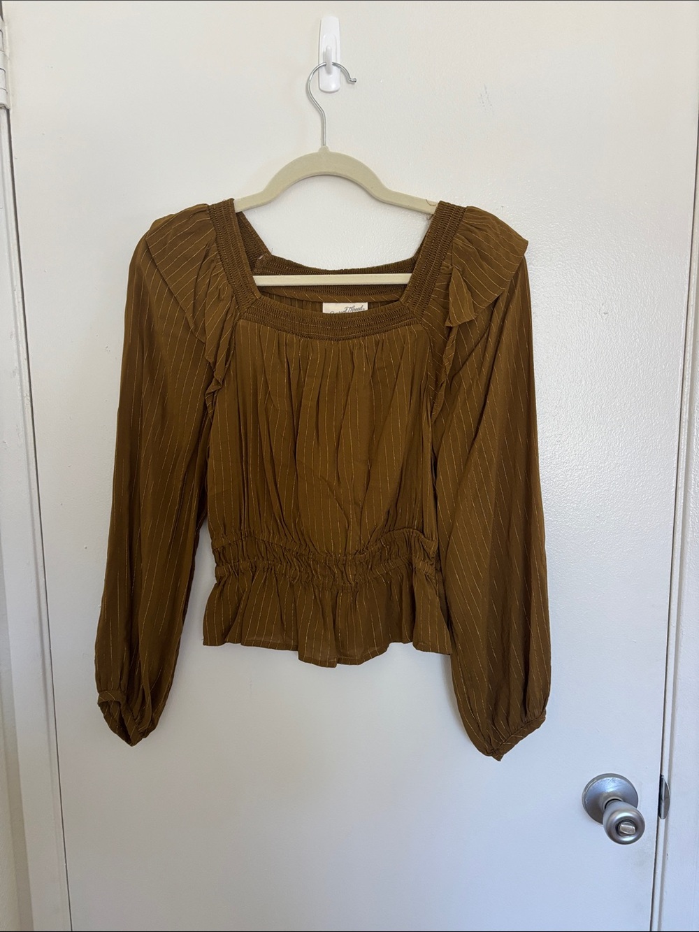 Universal Thread Brown Pinstripe Square-Neck Smocked Peasant Blouse